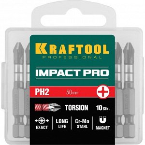 Биты KRAFTOOL Impact Pro 26191-2-50-S10, Е 1/4&quot;, 50 мм, PH2, 10 шт., Philips, кейс