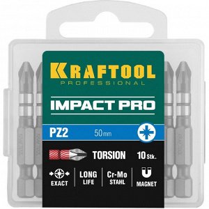 Биты KRAFTOOL Impact Pro 26193-2-50-S10, Е 1/4", 50 мм, PZ2, 10 шт., Pozidriv, кейс