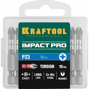 Биты KRAFTOOL Impact Pro 26193-3-50-S10, Е 1/4", 50 мм, PZ3, 10 шт., Pozidriv, кейс