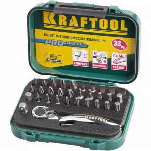 Набор бит KRAFTOOL 26157-H33, мини трещотка, 1/4", 33 предмета