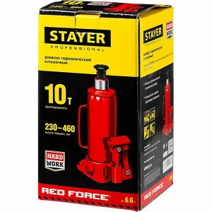 Домкрат STAYER &quot;RED FORCE&quot; 43160-10, гидравлический, бутылочный, 10т, 230-460 мм