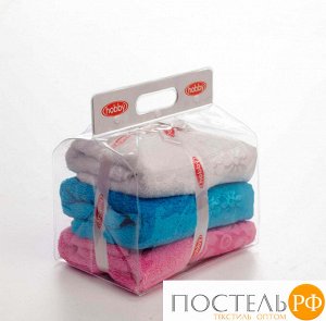 H0000442 Махровое полотенце в сумке пвс 50x90*3 "DORA", белый/розовый/бирюзовый, 100% Хлопок