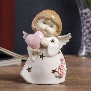 Сувенир керамика световой "Ангелочек в белом платьице с розами с сердцем" 17,5х10х7 см