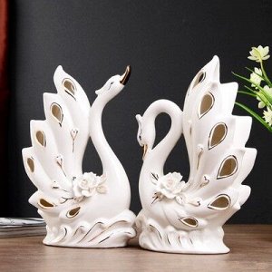 Сувенир керамика "Лебеди резные с розами" набор 2 шт белый с золотом 27х16,5х8 см