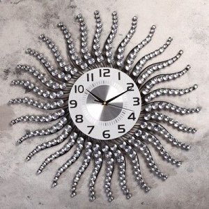 Часы настенные, серия: Ажур, Солнце с изогнутыми лучиками, стразы, d=59 см