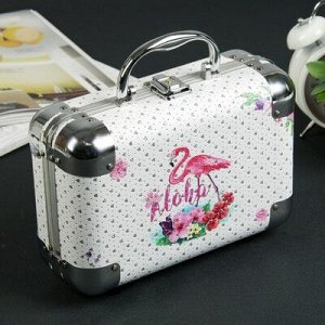 Шкатулка металлокаркас чемодан "Фламинго с цветами" с блёстками 18х24,5х10 см