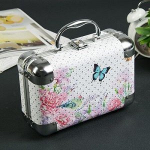 Шкатулка металлокаркас чемодан "Бабочки с цветами" с блёстками 18х24,5х10 см