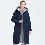 Женское Зимнее пальто с капюшоном, цвет т.синий/бежевый