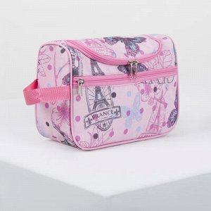 Косметичка-сумка , 23,5*9,5*15, отд на молнии, н/карман, ручка, принт "Париж на розовом фоне 46685