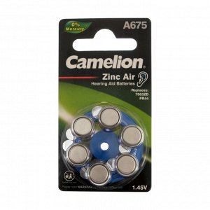 Батарейка цинковая Camelion, A675 (PR44)-6BL, для слуховых аппаратов, 1.45В, блистер, 6 шт.