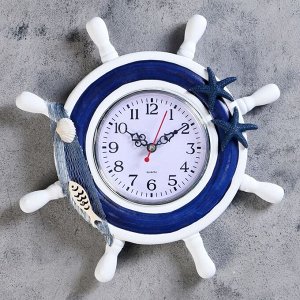 Часы настенные "Штурвал", декор в форме морских звёзд и рыбки, бело-голубые