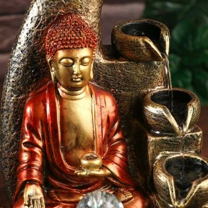 Фонтан настольный от сети, подсветка "Медитация будды" красно-золотой 40х25х25 см