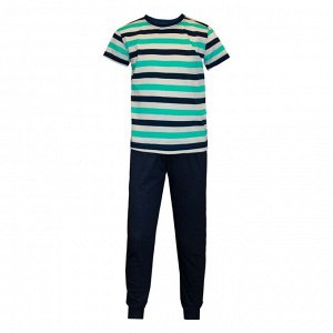 Пижама Пижама для мальчиков Футболка + брюкиСостав: 100% хлопокРазмерный ряд: 28-42Ткань: кулирное полотноЦвет: зеленый /т.синийУзор(набивка): вязаная полоска