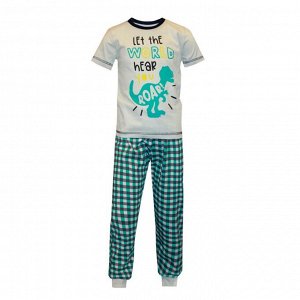 Пижама Пижама для мальчиков с принтом Футболка+брюки клеткаСостав: 100% хлопокРазмерный ряд: 28-42Ткань: кулирное полотноЦвет:бежевый / клетка зеленый