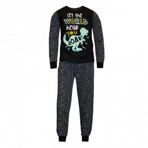 Пижама Пижама для мальчиков с принтомФуфайка + брюкиСостав: 100% хлопокРазмерный ряд: 28-42Ткань: кулирное полотноЦвет:черныйУзор(набивка): рябушка