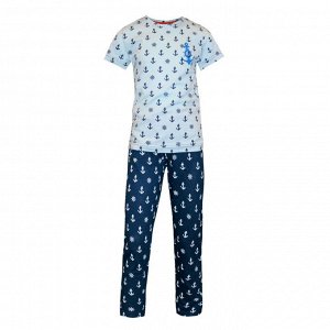 Пижама Пижама для мальчиков с принтомФутболка+брюкиСостав: 100% хлопокРазмерный ряд: 28-36Ткань: кулирное полотноЦвет: голубой/т.синийУзор(набивка): якоря