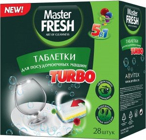 Master FRESH таблетки для посудомоечных машин TURBO в РАСТВОРИМОЙ оболочке, 28 шт. ТРЕХСЛОЙНЫЕ