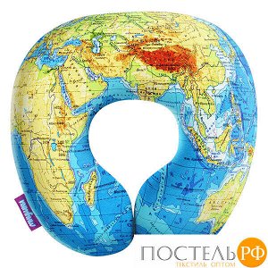 Подушка под шею «Карта мира» (Ап16сен34, 34х34, Голубой, Кристалл, Микрогранулы полистирола)