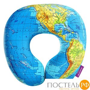 Подушка под шею «Карта мира» (Ап16сен34, 34х34, Голубой, Кристалл, Микрогранулы полистирола)