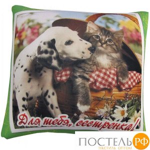 Подушка игрушка «Животные с пожеланиями» (Ап01мар33, 35х35, Для тебя, сестренка, Красный, Кристалл, Микрогранулы полистирола)