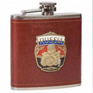 Плоская фляжка "Русский медведь" - кожаный чехол, металлическая накладка, лучшая цена