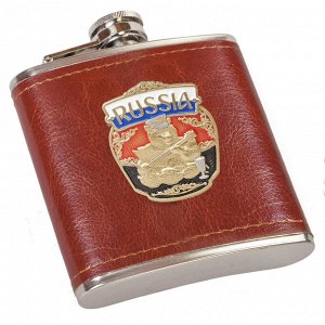 Плоская фляжка "Русский медведь" - кожаный чехол, металлическая накладка, лучшая цена