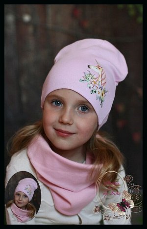 Удлинённая шапка «Единорог» (бл.роз.) с шарфом такой же расцветки