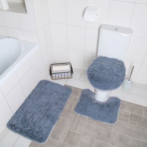 Набор ковриков для ванной и туалета Доляна «Пушистик», 3 шт: 32?40, 40?50, 50?80 см, цвет серый