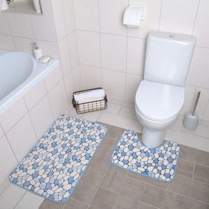 Набор ковриков для ванны и туалета «Галька», 2 шт: 40?50, 50?80 см, цвет синий