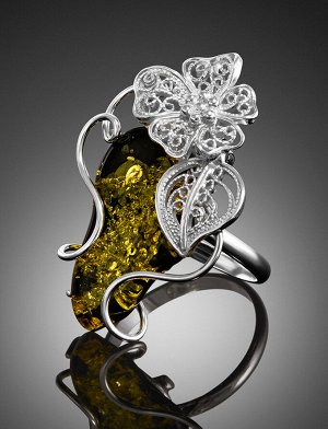 Эффектное яркое кольцо из серебра и натурального балтийского янтаря зелёного цвета «Филигрань», 906307670
