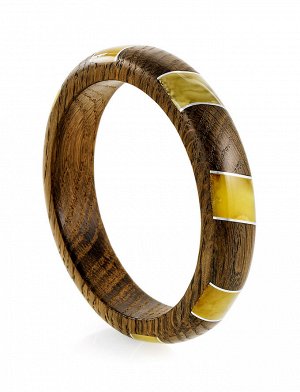 Необычный браслет-бэнгл из дерева, натурального балтийского янтаря и серебра «Индонезия», 005201113