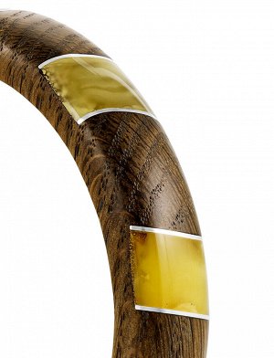 Необычный браслет-бэнгл из дерева, натурального балтийского янтаря и серебра «Индонезия», 005201113