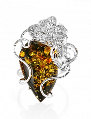 Серебряное изящное кольцо с натуральным янтарем красивого зелёного цвета «Филигрань», 906307683