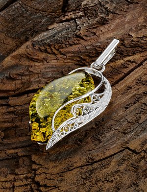 Удлинённая серебряная подвеска из натурального искрящегося янтаря зеленого цвета «Крылышко», 904507649