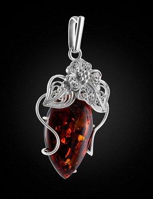 Крупная подвеска из натурального сверкающего янтаря вишнёвого цвета в серебре «Филигрань», 904507660
