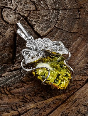 Крупная нарядная подвеска из натурального сверкающего янтаря зеленого цвета в серебре «Филигрань», 904507671