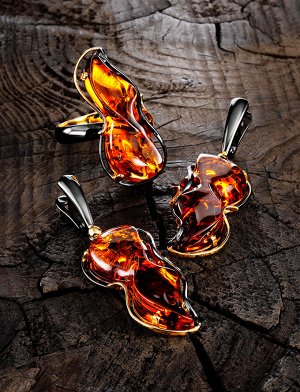 Искрящиеся серьги «Риальто» с натуральным коньячным янтарём в позолоченном серебре, 910107193