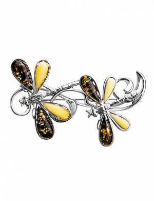 Изящная серебряная брошь с натуральным янтарём двух цветов «Стрекоза», 607902388