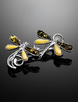 Изящная серебряная брошь с натуральным янтарём двух цветов «Стрекоза»