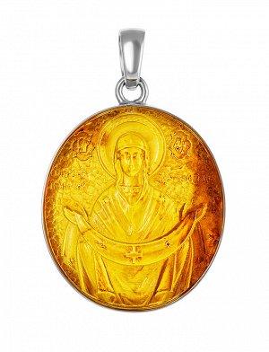 Резная подвеска из натурального янтаря лимонного цвета в серебре «Богоматерь Покрова», 009201065