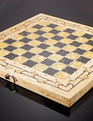 Складная шахматная доска из дерева с янтарной инкрустацией и набор фигурок из янтаря, 905511076