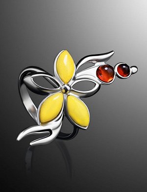 Эффектное кольцо с натуральным янтарём коньячного и медового цветов «Вербена», 606306081