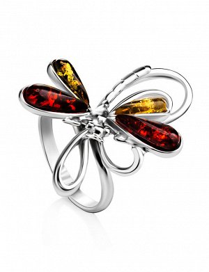 Оригинальное эффектное кольцо из серебра и натурального балтийского янтаря «Стрекоза»