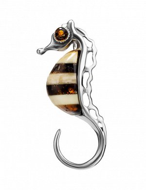 Эффектная подвеска «Морской конёк» из серебра и натурального янтаря, 901708555