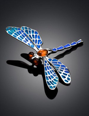 Кулон «Стрекоза» с синей эмалью и натуральным коньячным янтарём