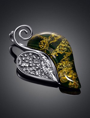 Стильный кулон из серебра и натурального янтаря зелёного цвета, 901708585