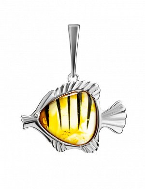Стильный кулон из серебра и натурального янтаря «Тропическая рыбка», 901708622