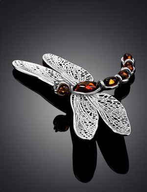Красивый ажурный кулон «Стрекоза» с натуральным янтарём