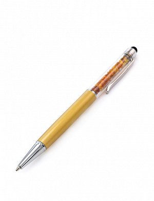 Ручка-стилус золотистого цвета, декорированная натуральным балтийским янтарём