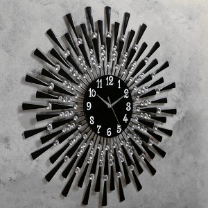 Часы настенные, серия: Ажур, "Чёрные лучики", маленькие кристаллы, d=68 см, черные